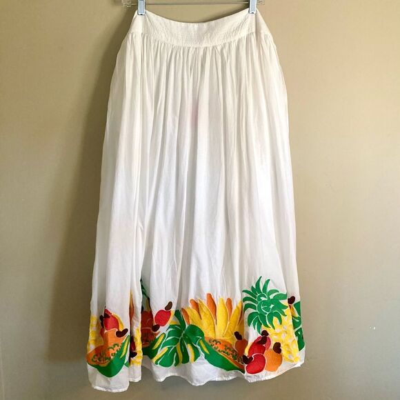 NEW FARM Rio Embroidered Fruits Side Bow Maxi Skirt Beaded Tassels White Size XL - Picture 12 of 16